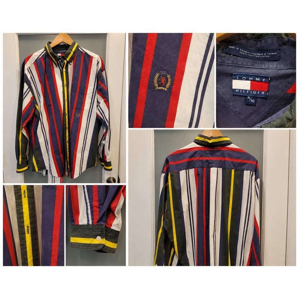 Vintage 90s Tommy Hilfiger XL Button Front Shirt Colorblock Stripe Crest Logo...